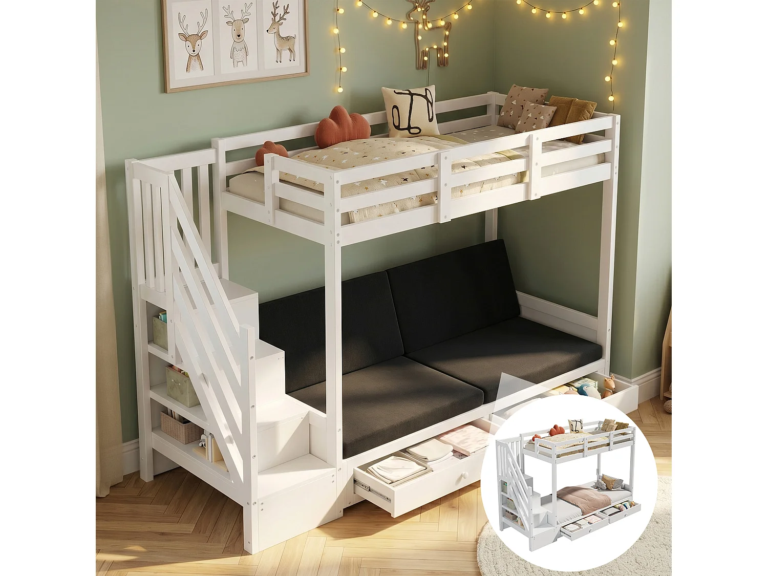 Beliche 90x200 cm - com escada com gaveta e grade de proteção - com 2 gavetas - Branco (sem colchão)
