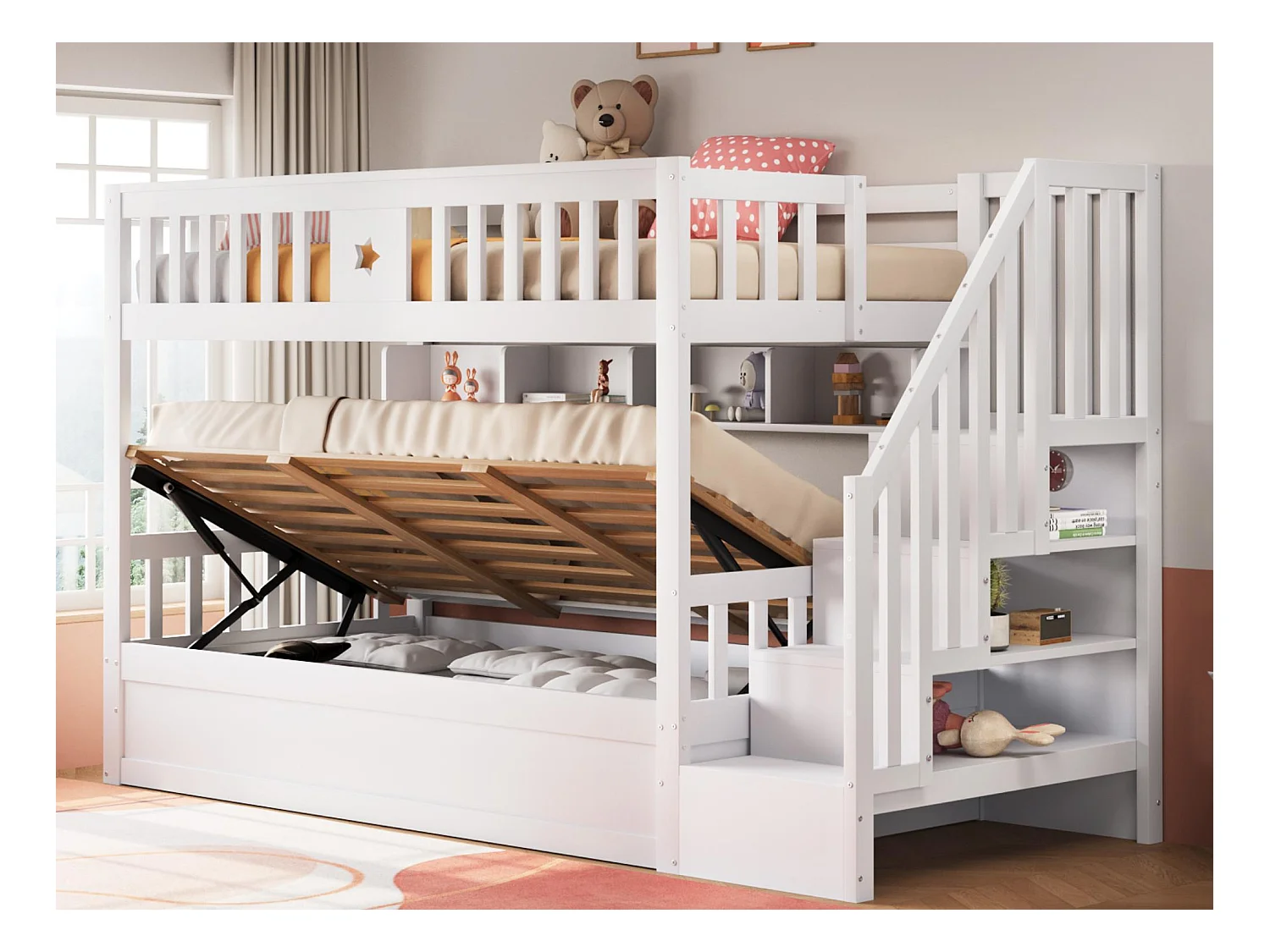 Lit superposé 90x200cm - Lit coffre en dessous - Avec échelle de sécurité - Avec coffre de rangement - blanc