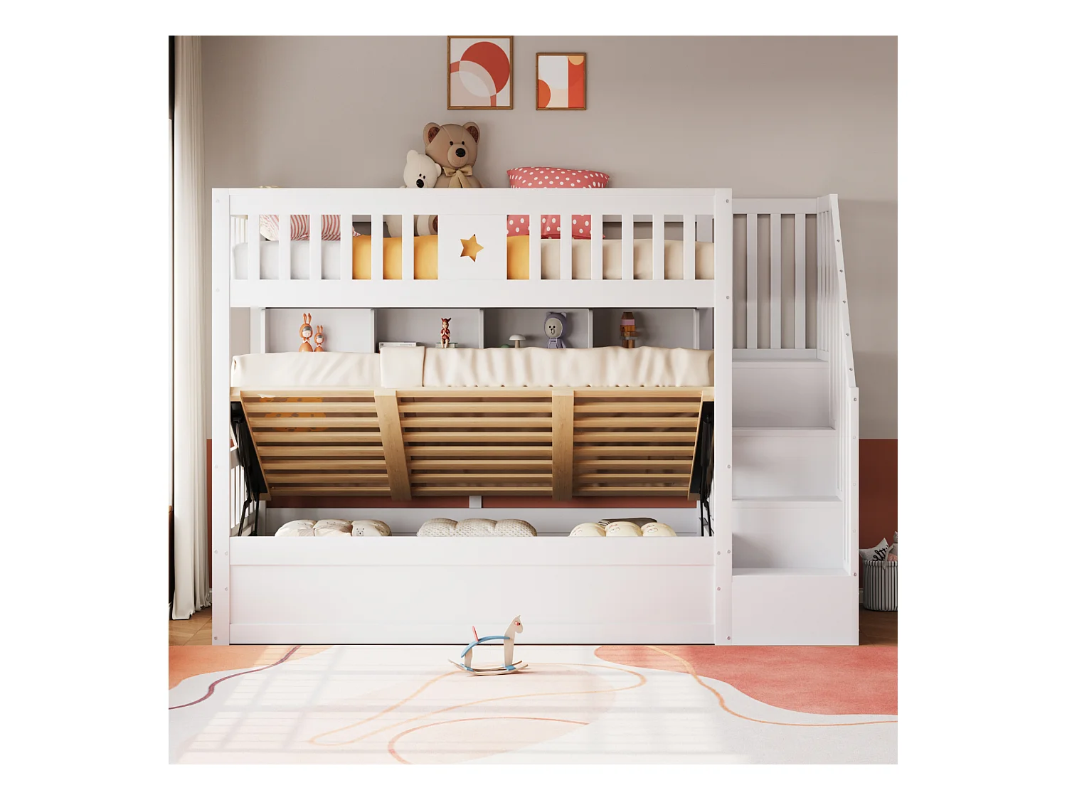 Lit superposé 90x200cm - Lit coffre en dessous - Avec échelle de sécurité - Avec coffre de rangement - blanc