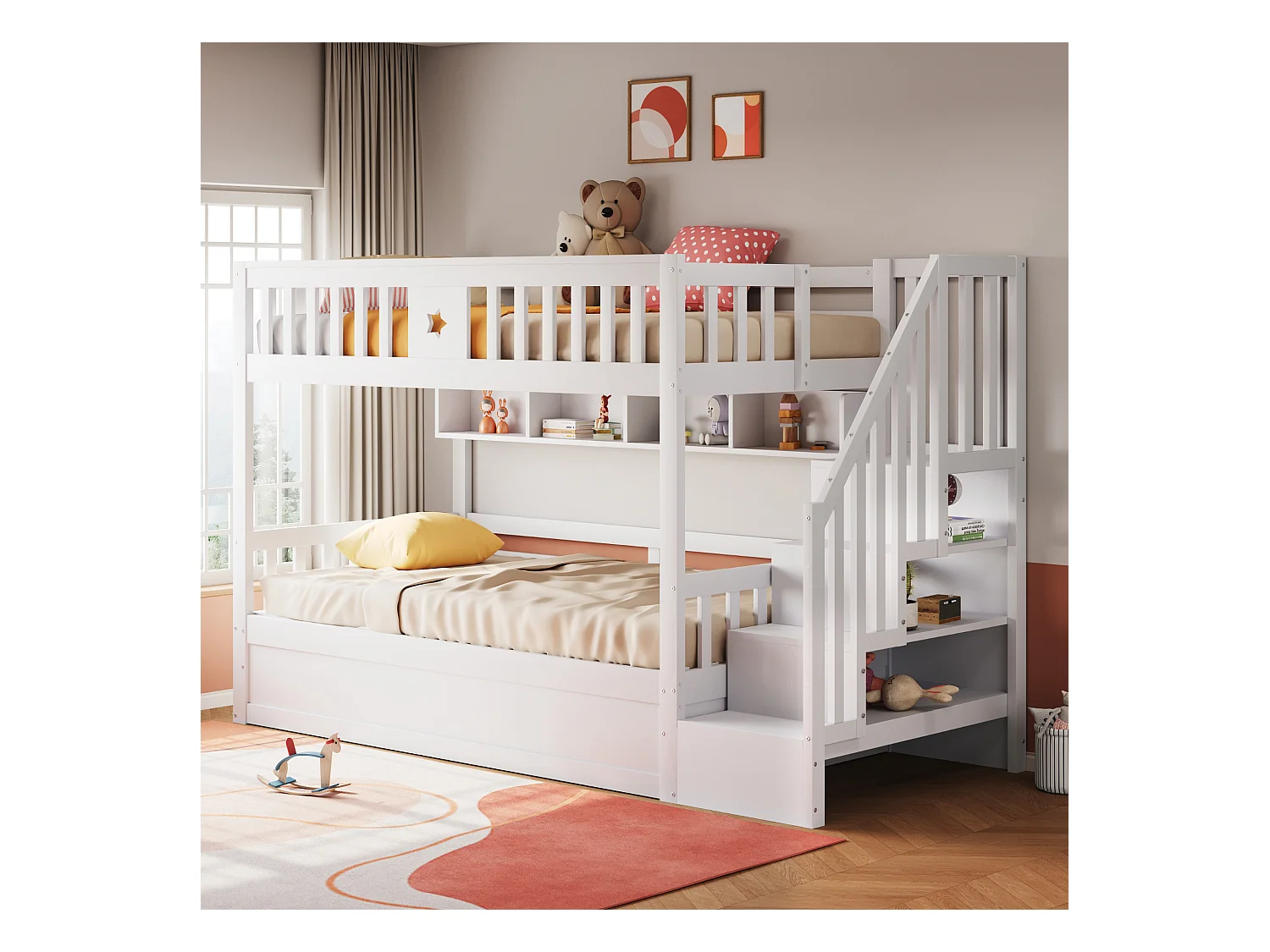 Lit superposé 90x200cm - Lit coffre en dessous - Avec échelle de sécurité - Avec coffre de rangement - blanc
