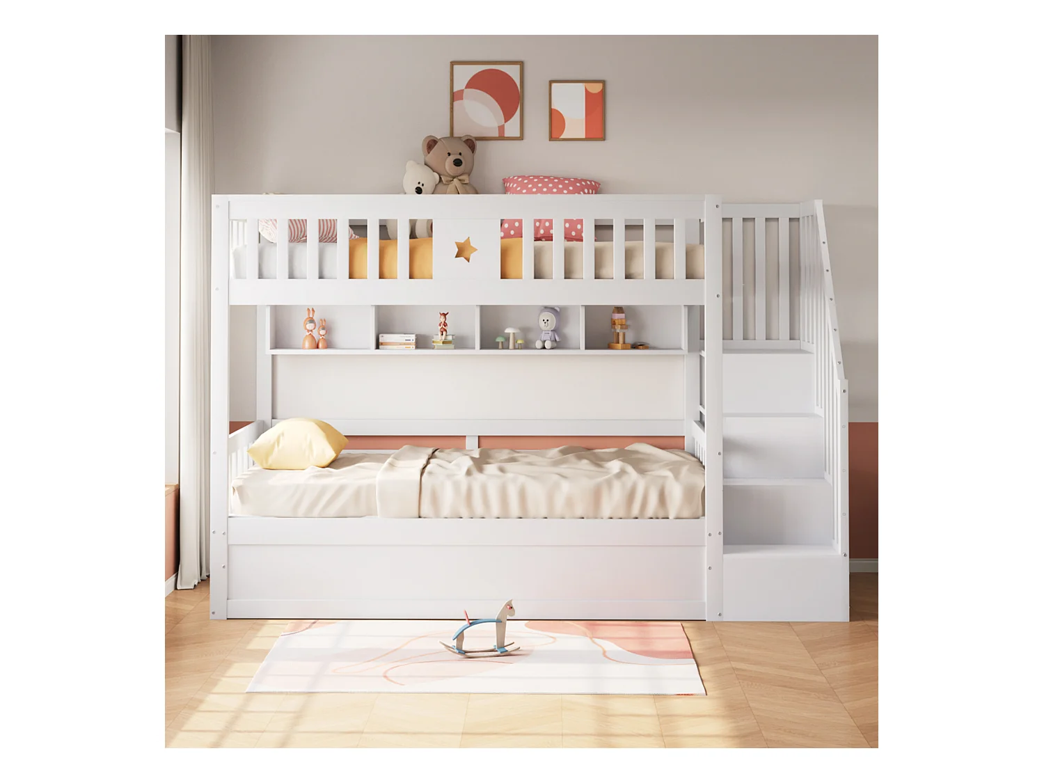 Lit superposé 90x200cm - Lit coffre en dessous - Avec échelle de sécurité - Avec coffre de rangement - blanc