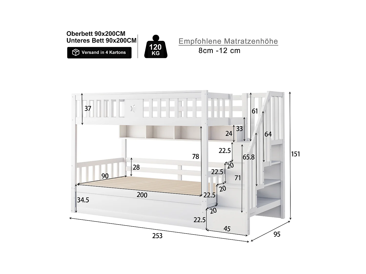 Lit superposé 90x200cm - Lit coffre en dessous - Avec échelle de sécurité - Avec coffre de rangement - blanc