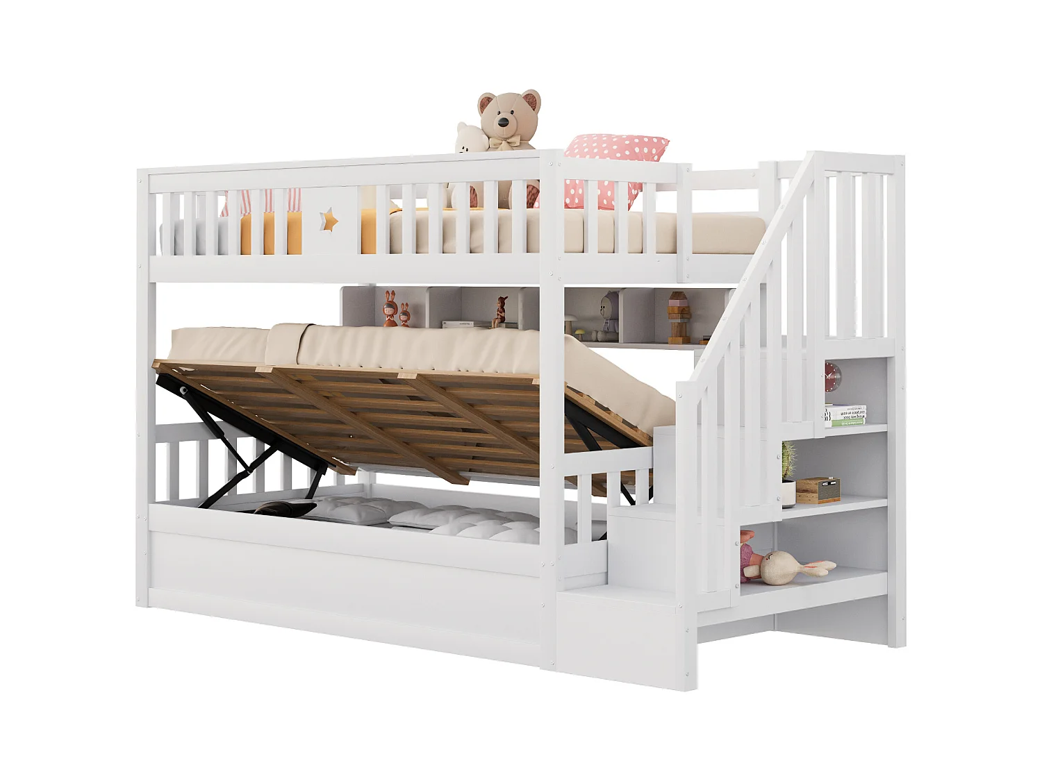 Lit superposé 90x200cm - Lit coffre en dessous - Avec échelle de sécurité - Avec coffre de rangement - blanc