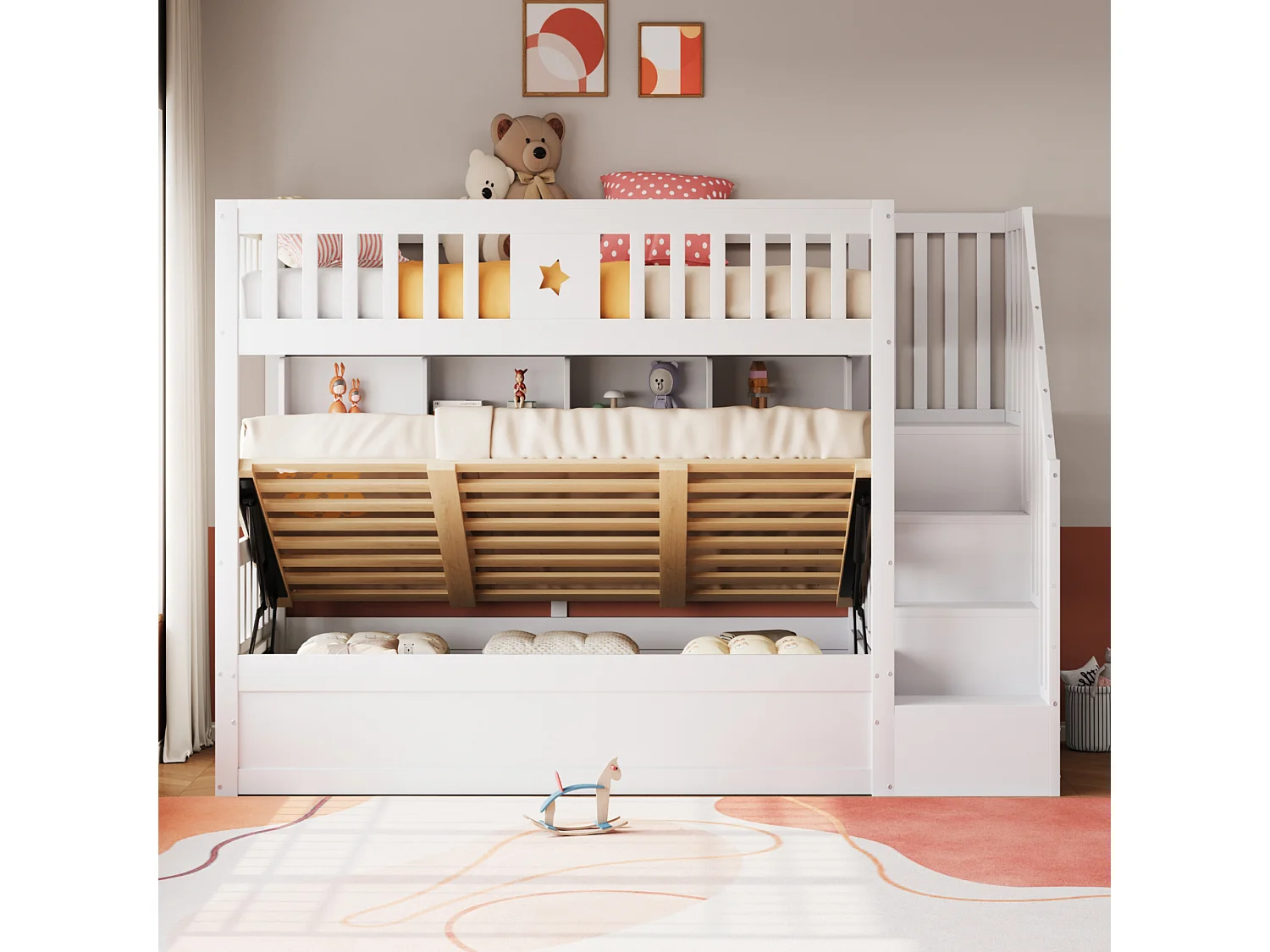 Letto a castello 90×200 cm - Letto con contenitore sotto - Con scala di sicurezza - Con cassapanca - bianco