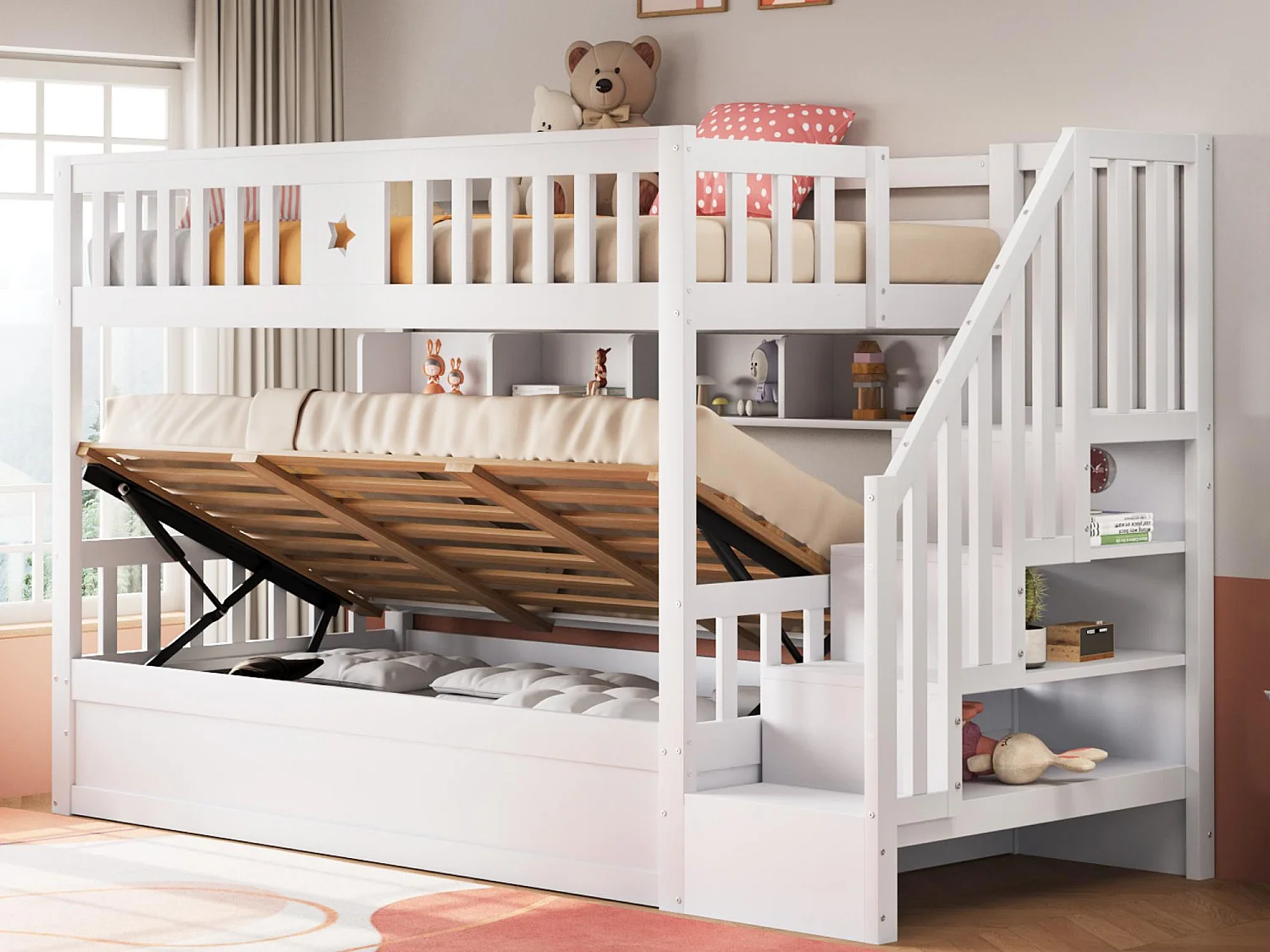 Letto a castello 90×200 cm - Letto con contenitore sotto - Con scala di sicurezza - Con cassapanca - bianco