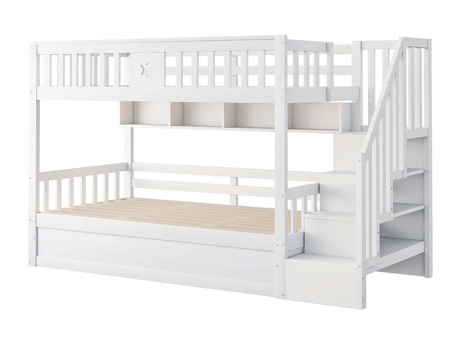 Letto a castello 90×200 cm - Letto con contenitore sotto - Con scala di sicurezza - Con cassapanca - bianco