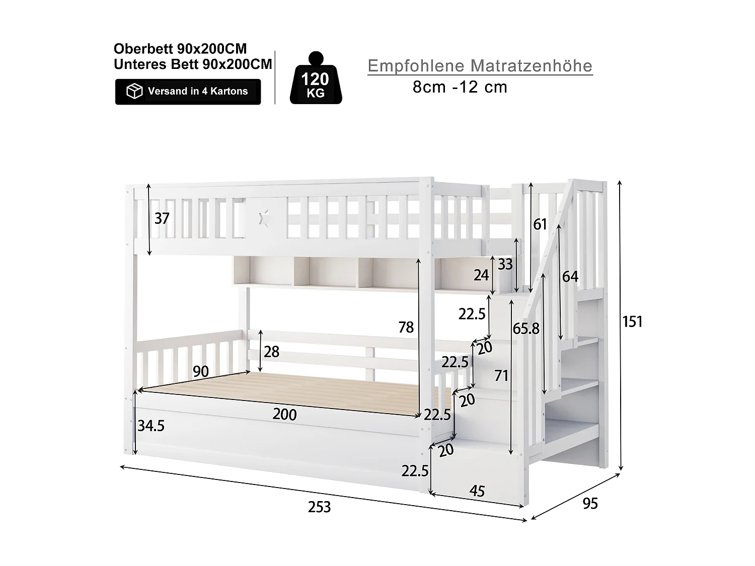 Letto a castello 90×200 cm - Letto con contenitore sotto - Con scala di sicurezza - Con cassapanca - bianco