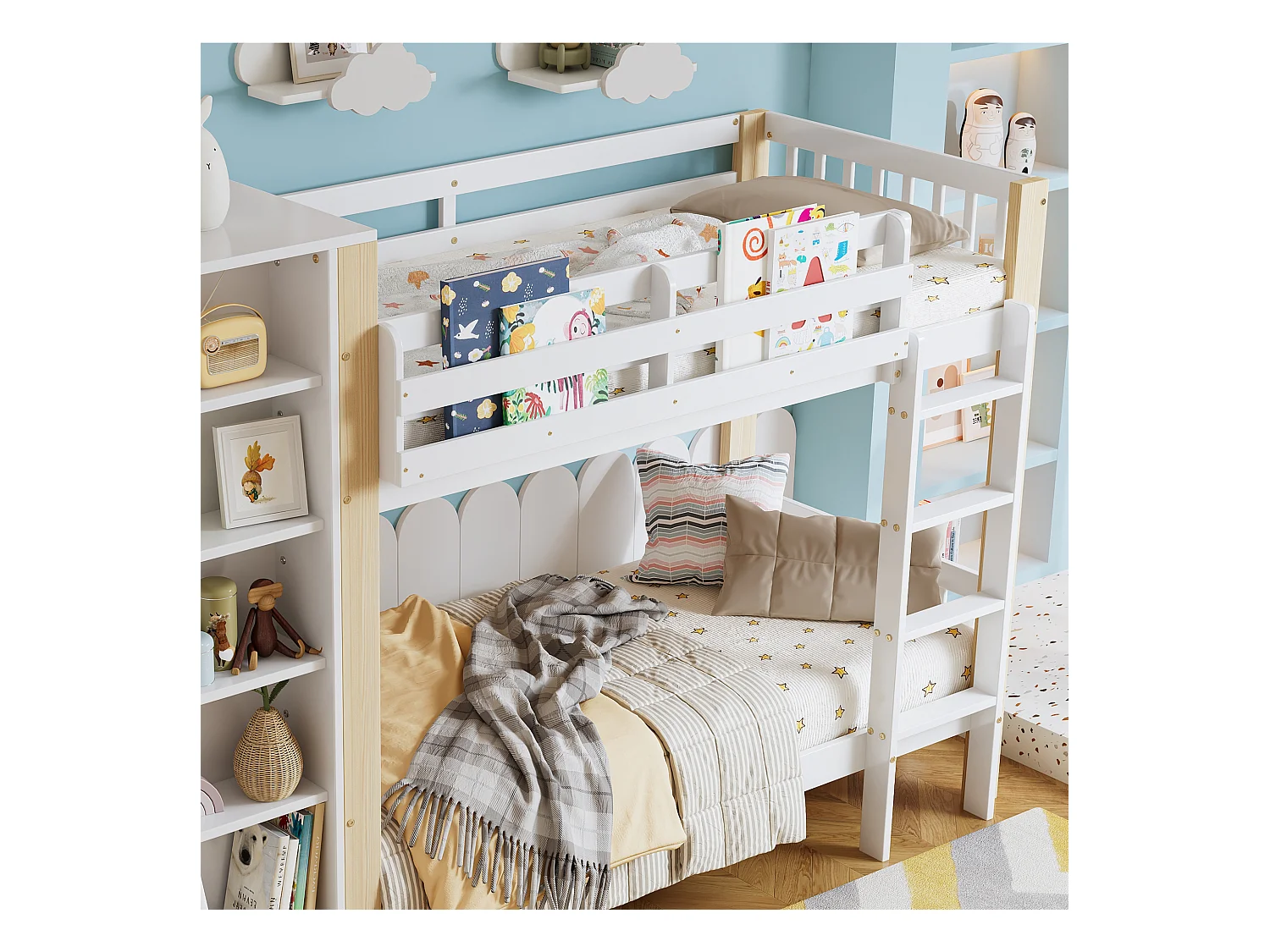 Łóżko piętrowe 90x200 cm - z szafą i 6 otwartymi półkami - Drewno lite + MDF - Białe+Naturalny (bez materaca)