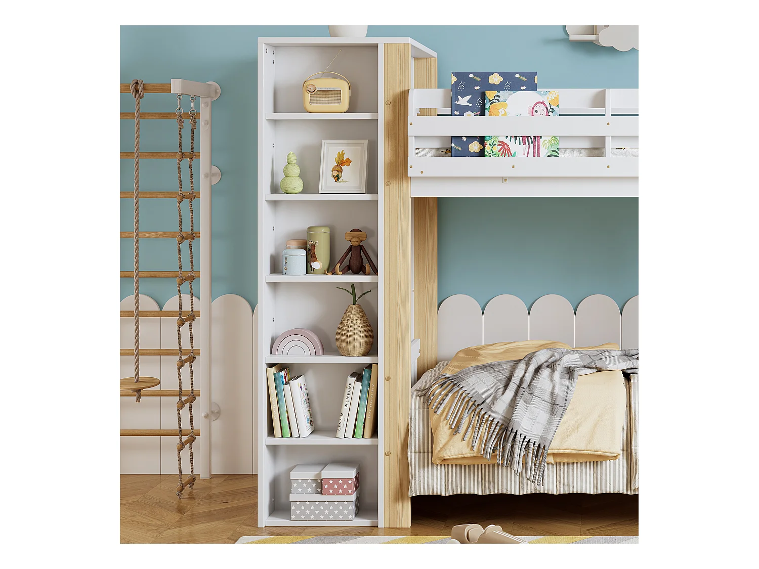 Łóżko piętrowe 90x200 cm - z szafą i 6 otwartymi półkami - Drewno lite + MDF - Białe+Naturalny (bez materaca)