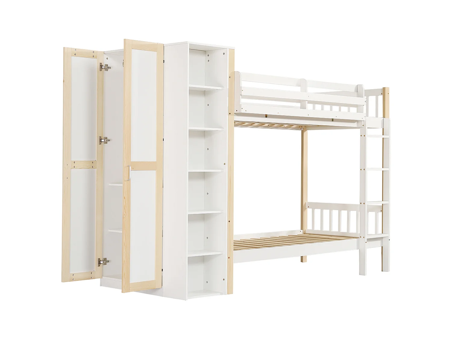 Łóżko piętrowe 90x200 cm - z szafą i 6 otwartymi półkami - Drewno lite + MDF - Białe+Naturalny (bez materaca)