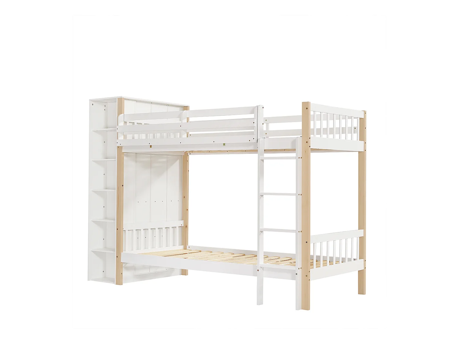 Łóżko piętrowe 90x200 cm - z szafą i 6 otwartymi półkami - Drewno lite + MDF - Białe+Naturalny (bez materaca)