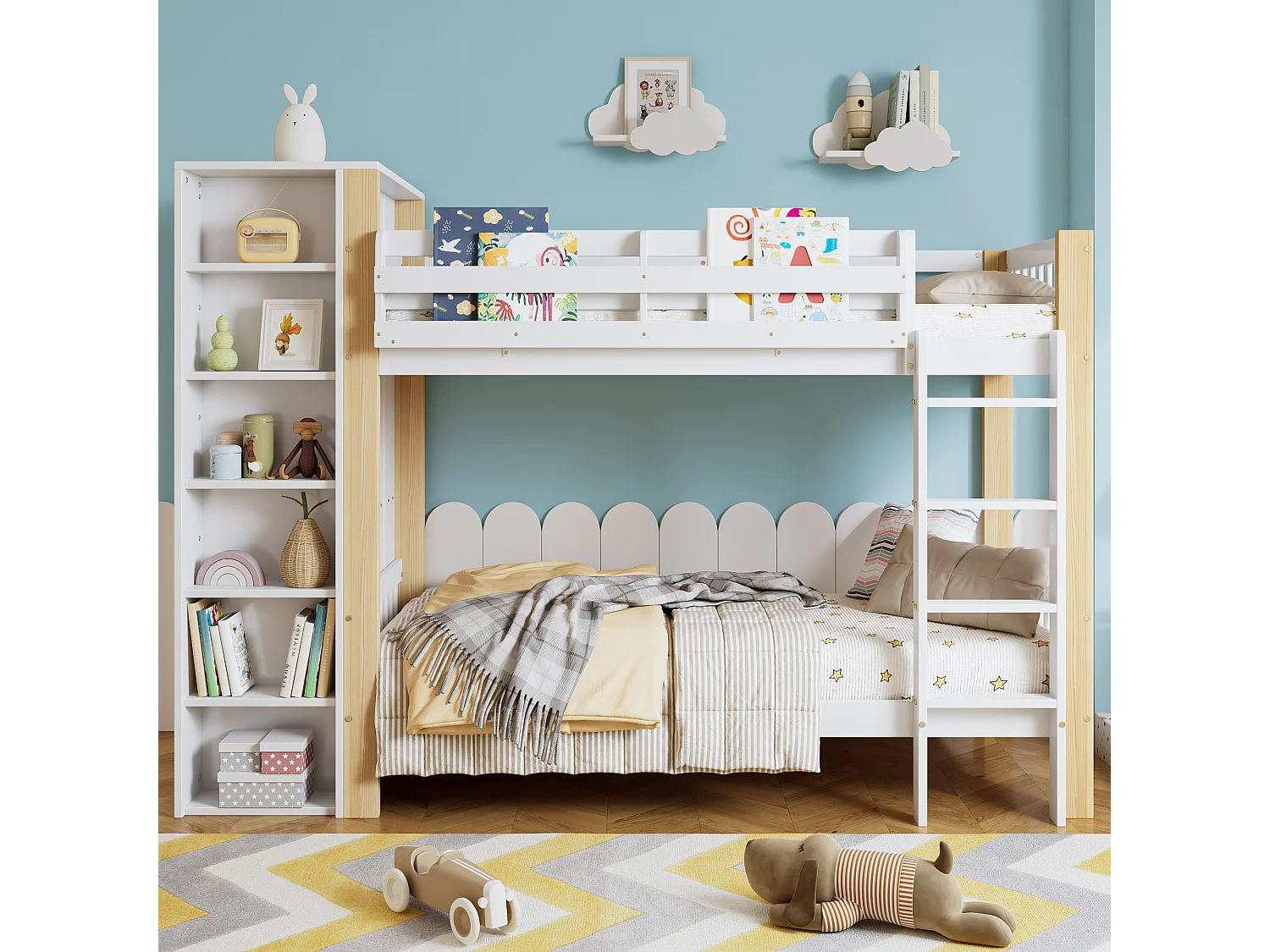 Lit superposé 90x200 cm - avec penderie et 6 étagères ouvertes - Bois massif + MDF - Blanc+Naturel (sans matelas)