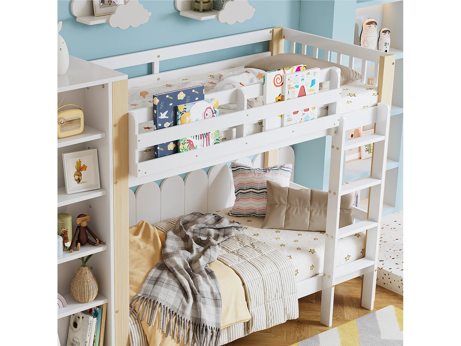 Lit superposé 90x200 cm - avec penderie et 6 étagères ouvertes - Bois massif + MDF - Blanc+Naturel (sans matelas)
