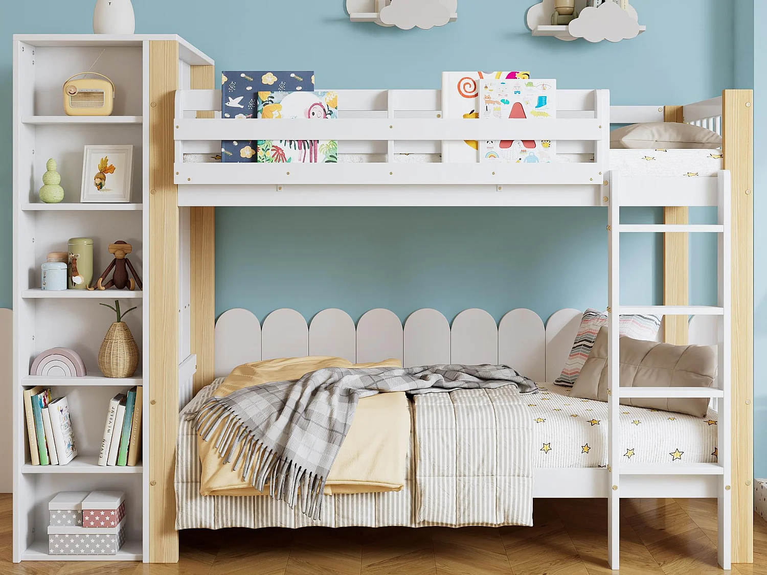 Łóżko piętrowe 90x200 cm - z szafą i 6 otwartymi półkami - Drewno lite + MDF - Białe+Naturalny (bez materaca)