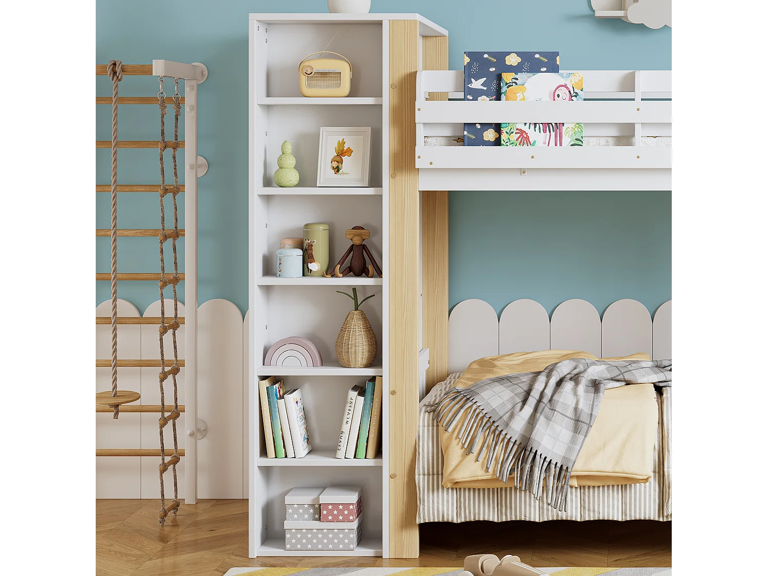 Łóżko piętrowe 90x200 cm - z szafą i 6 otwartymi półkami - Drewno lite + MDF - Białe+Naturalny (bez materaca)