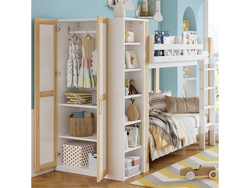 Łóżko piętrowe 90x200 cm - z szafą i 6 otwartymi półkami - Drewno lite + MDF - Białe+Naturalny (bez materaca)