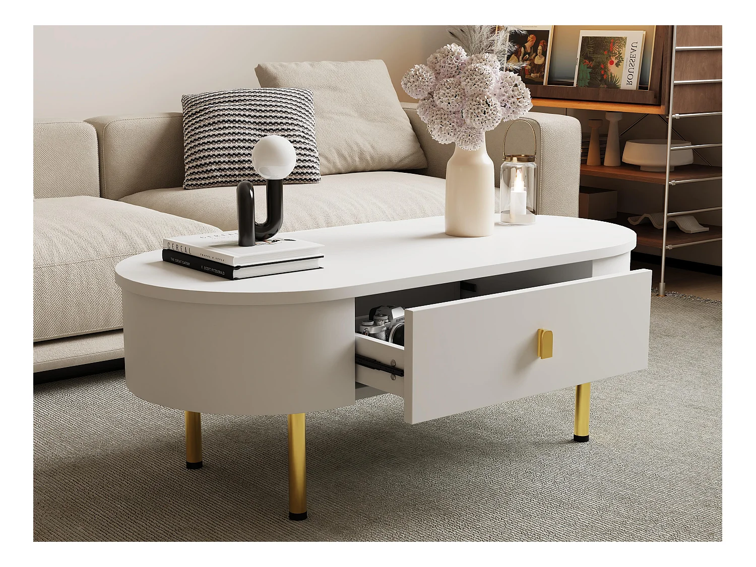 Stolik kawowy 108x50x40 cm - z 2 szufladami - złote uchwyty i nogi - biały