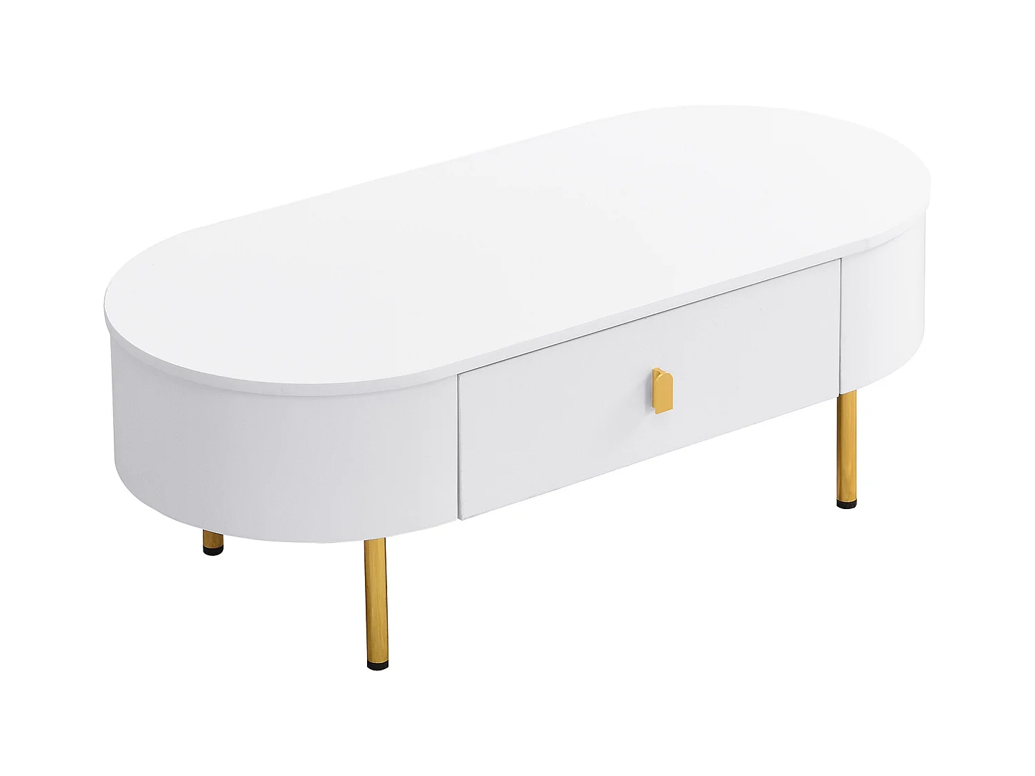 Stolik kawowy 108x50x40 cm - z 2 szufladami - złote uchwyty i nogi - biały