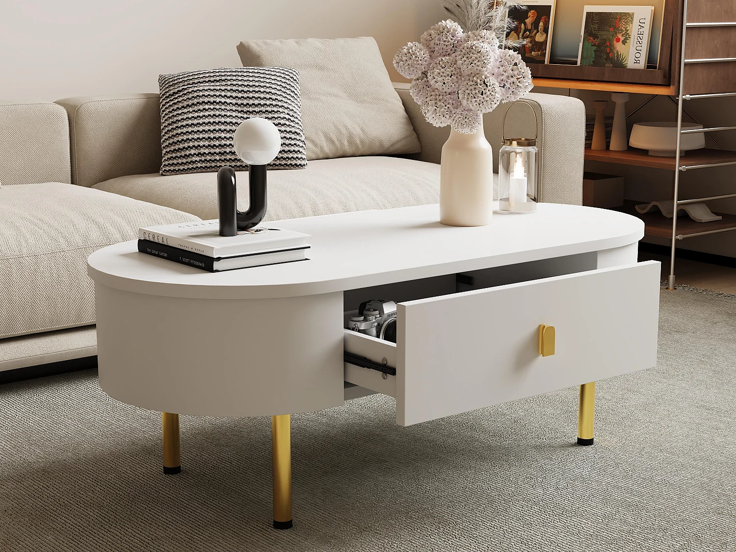 Tavolino basso 108x50x40 cm - con 2 cassetti - maniglie e gambe dorate - bianco