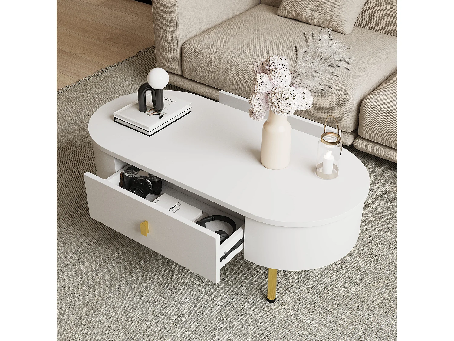 Tavolino basso 108x50x40 cm - con 2 cassetti - maniglie e gambe dorate - bianco