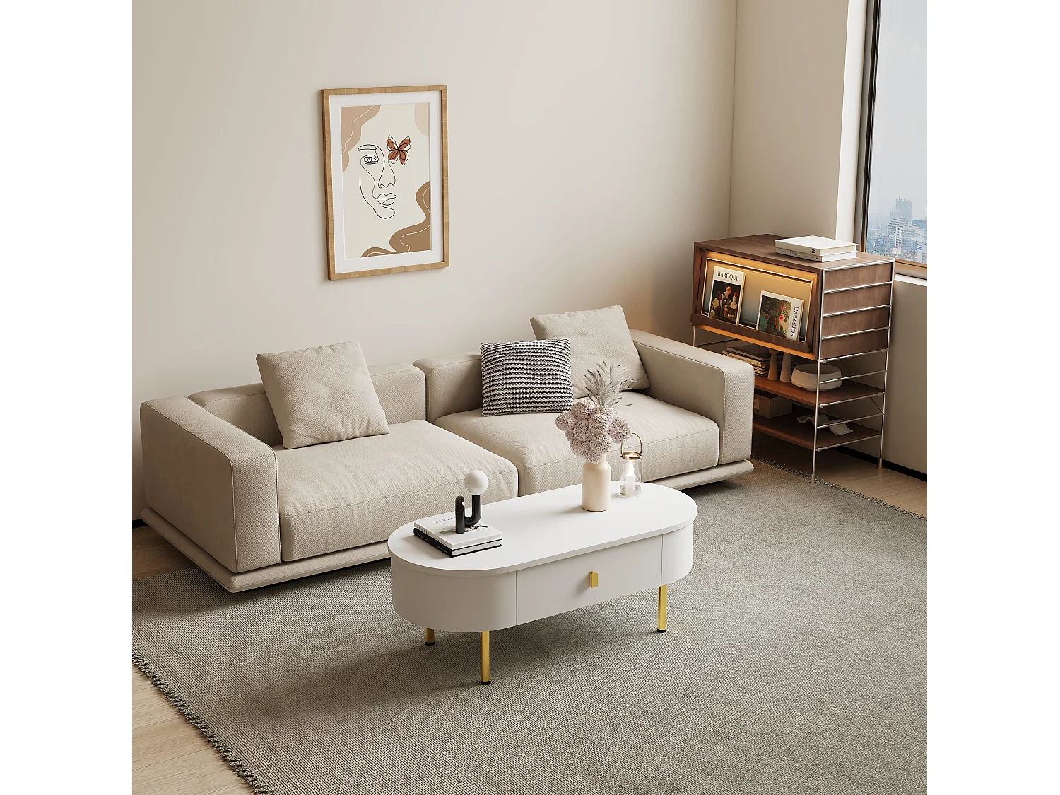 Tavolino basso 108x50x40 cm - con 2 cassetti - maniglie e gambe dorate - bianco