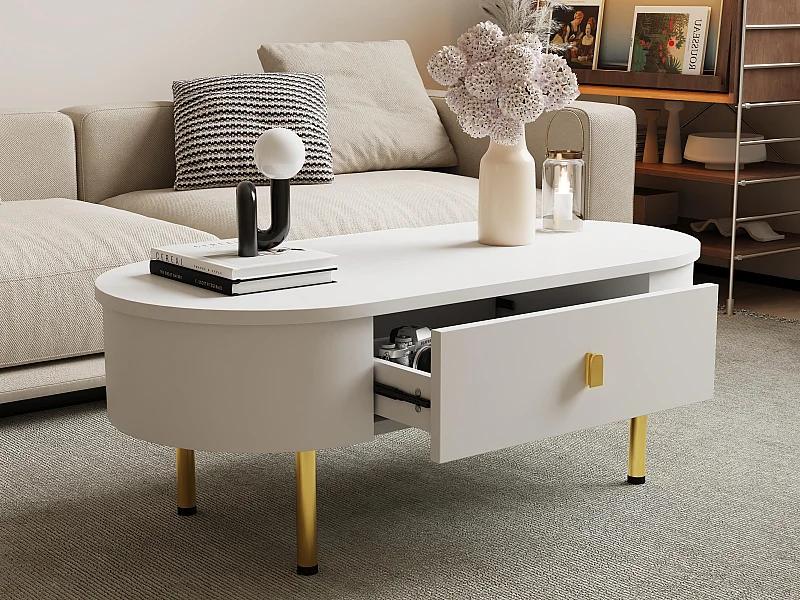 Mesa de centro 108x50x40 cm - con 2 cajones - tiradores y patas doradas - blanco