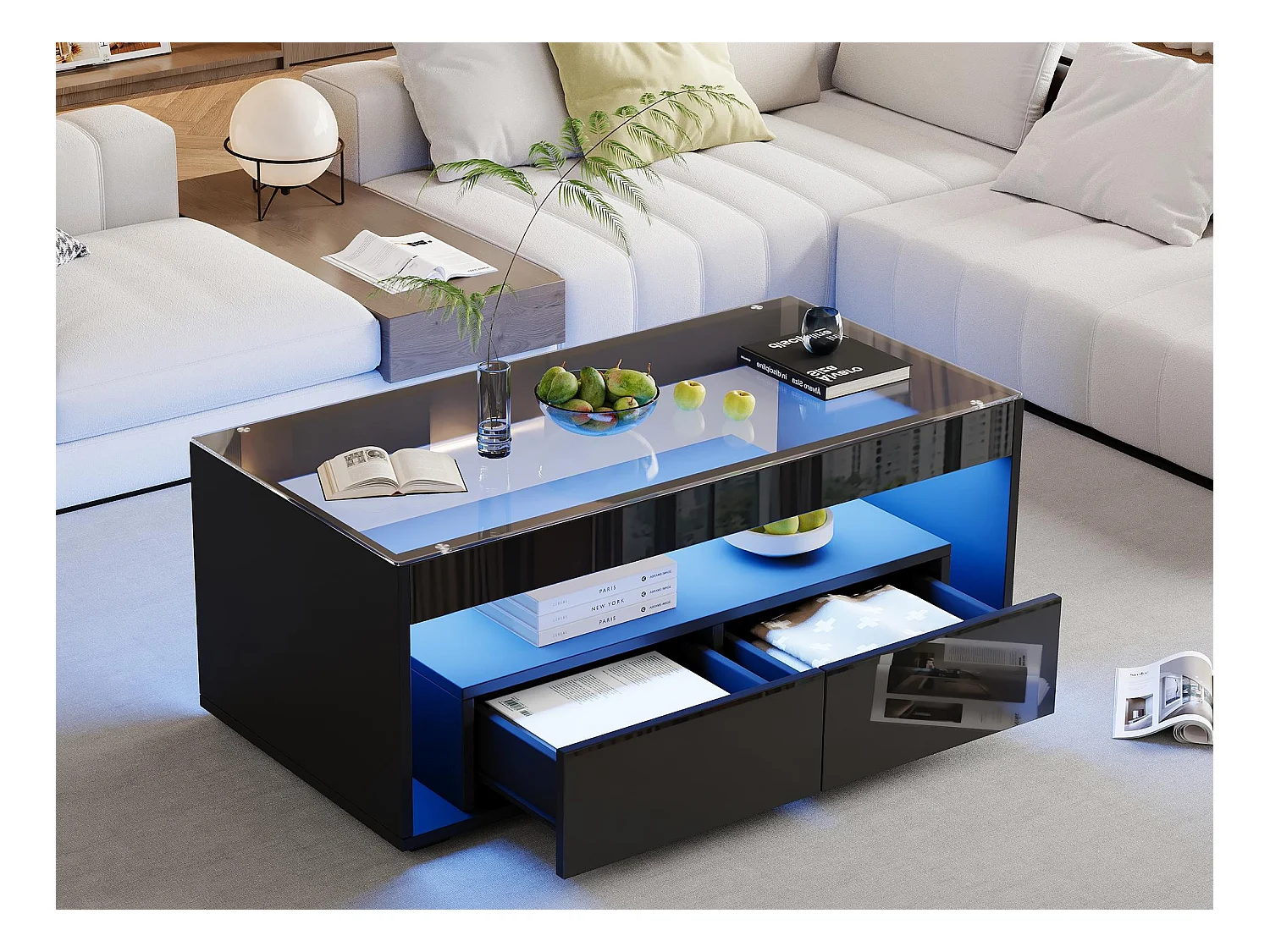 Mesa de centro moderna 110x50x40 cm - com iluminação LED de 16 cores - com 2 gavetas - preto