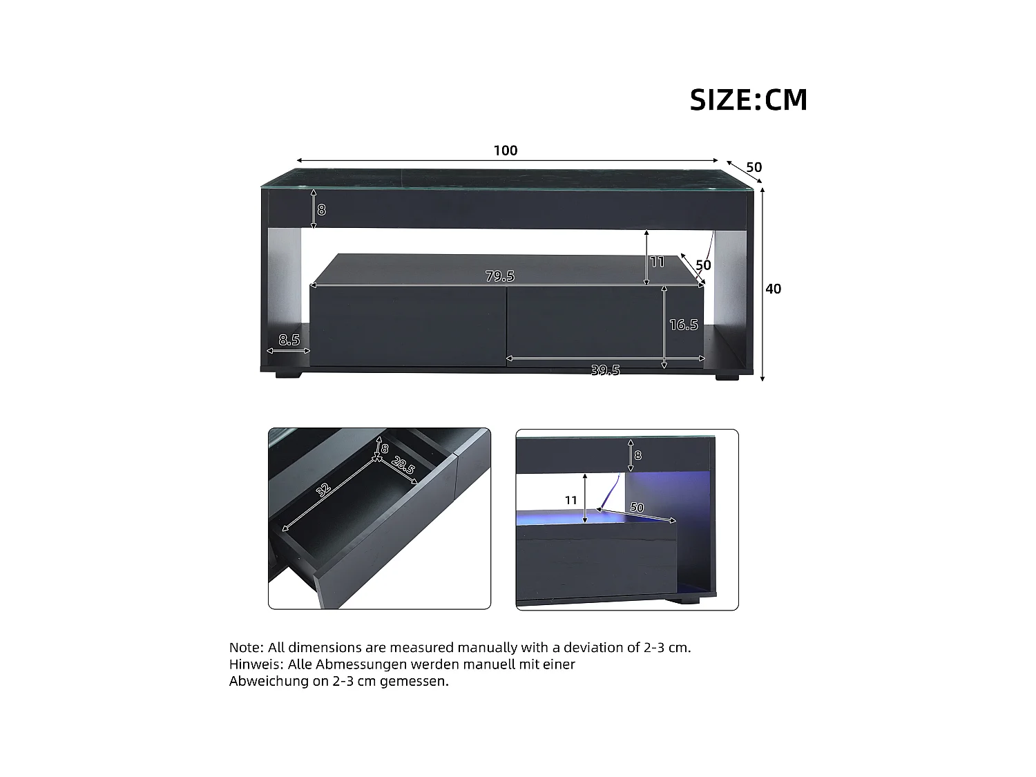 Mesa de centro moderna 110x50x40 cm - com iluminação LED de 16 cores - com 2 gavetas - preto