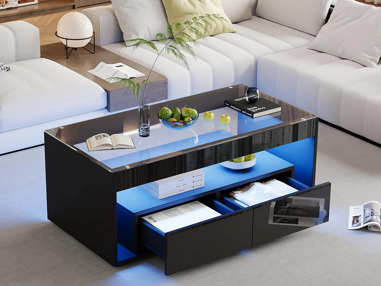 Table basse moderne 110x50x40cm - avec éclairage LED 16 couleurs - avec 2 tiroirs - noir