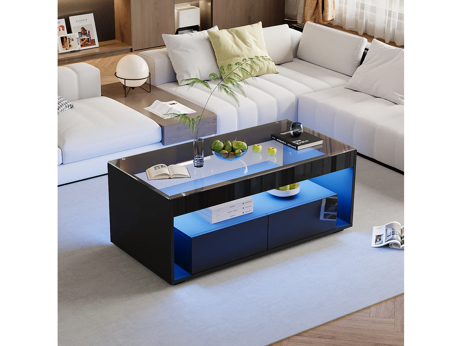 Table basse moderne 110x50x40cm - avec éclairage LED 16 couleurs - avec 2 tiroirs - noir