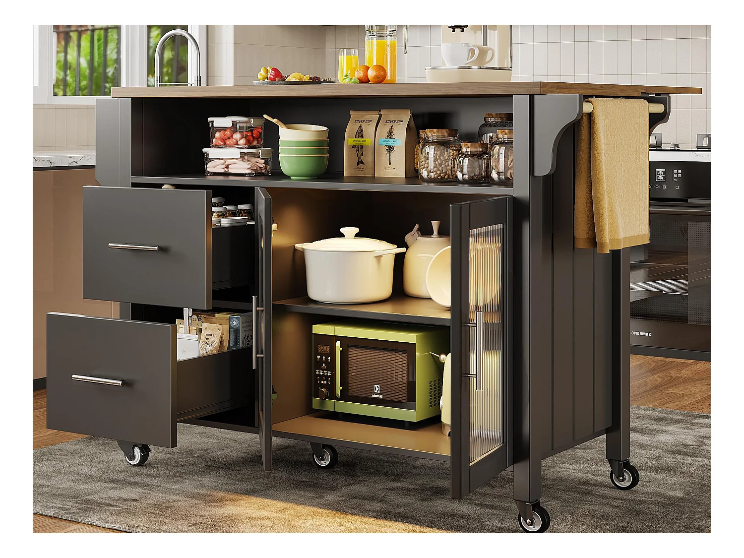 Ilot central de cuisine mobile - plateau extensible - avec LED - 2 tiroirs et 2 portes - avec porte-serviettes - MDF - noir + naturel
