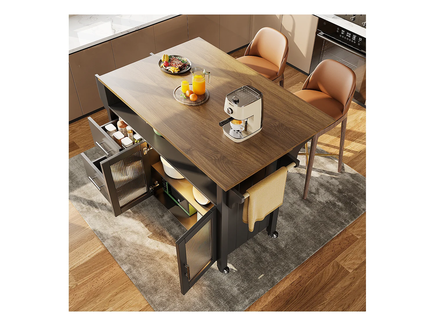 Ilot central de cuisine mobile - plateau extensible - avec LED - 2 tiroirs et 2 portes - avec porte-serviettes - MDF - noir + naturel