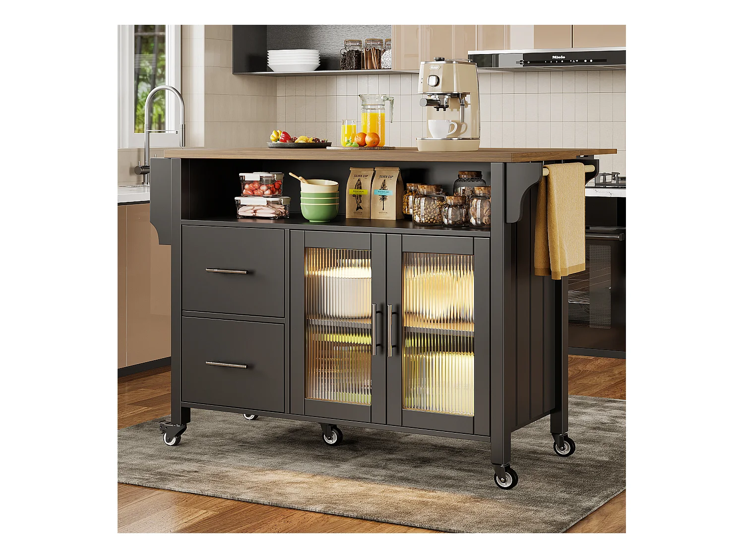 Ilot central de cuisine mobile - plateau extensible - avec LED - 2 tiroirs et 2 portes - avec porte-serviettes - MDF - noir + naturel