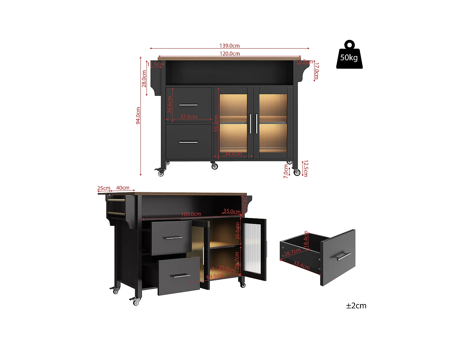 Ilot central de cuisine mobile - plateau extensible - avec LED - 2 tiroirs et 2 portes - avec porte-serviettes - MDF - noir + naturel