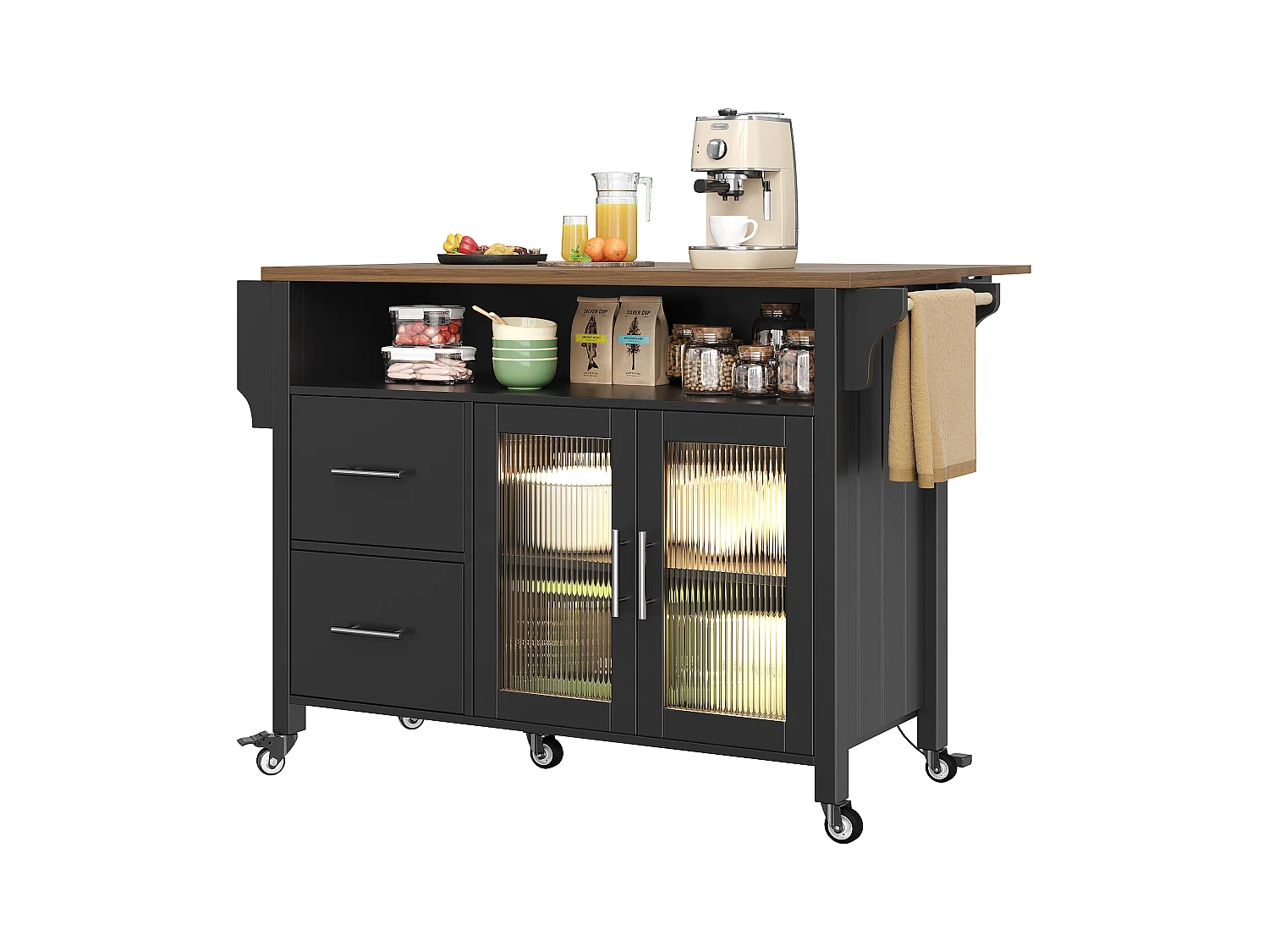 Ilot central de cuisine mobile - plateau extensible - avec LED - 2 tiroirs et 2 portes - avec porte-serviettes - MDF - noir + naturel
