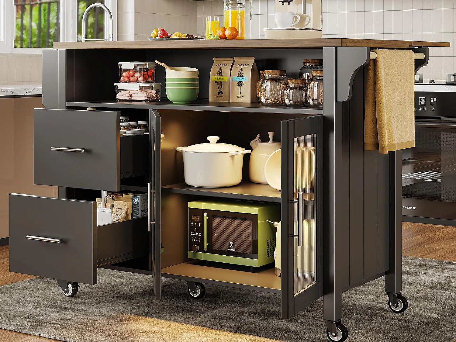 Ilot central de cuisine mobile - plateau extensible - avec LED - 2 tiroirs et 2 portes - avec porte-serviettes - MDF - noir + naturel