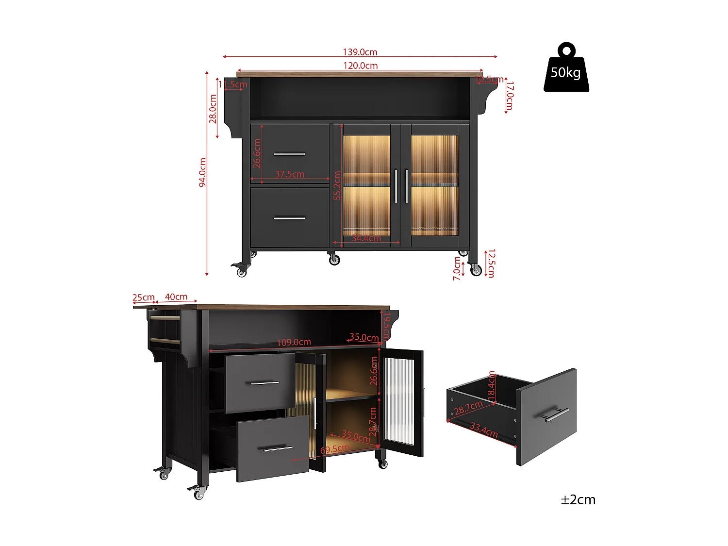 Ilot central de cuisine mobile - plateau extensible - avec LED - 2 tiroirs et 2 portes - avec porte-serviettes - MDF - noir + naturel