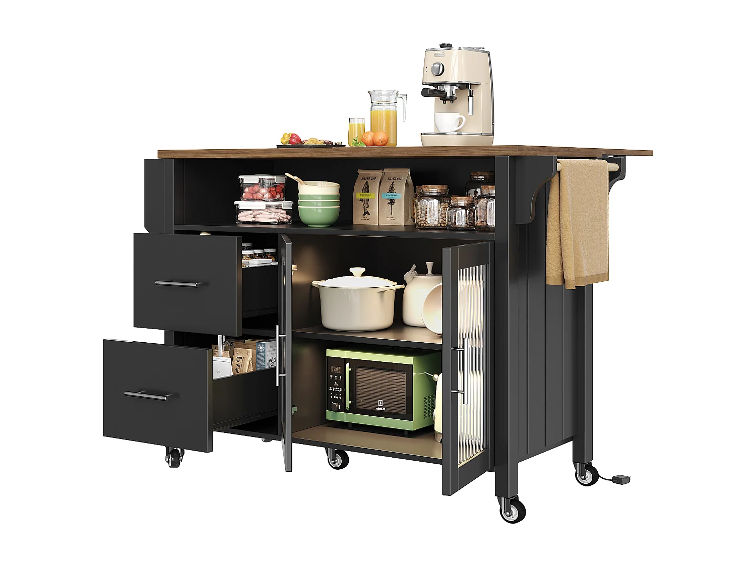 Ilot central de cuisine mobile - plateau extensible - avec LED - 2 tiroirs et 2 portes - avec porte-serviettes - MDF - noir + naturel