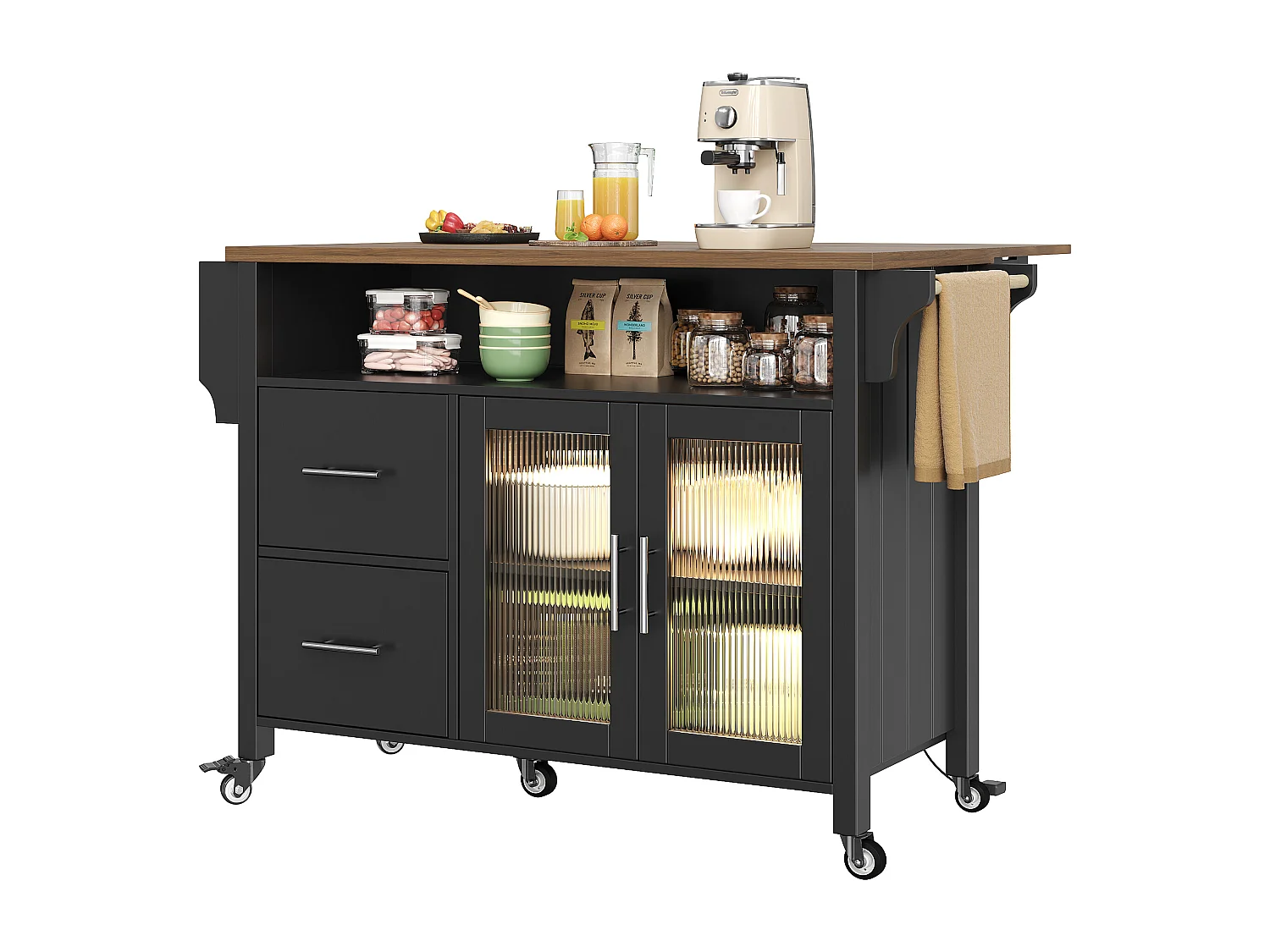 Ilot central de cuisine mobile - plateau extensible - avec LED - 2 tiroirs et 2 portes - avec porte-serviettes - MDF - noir + naturel