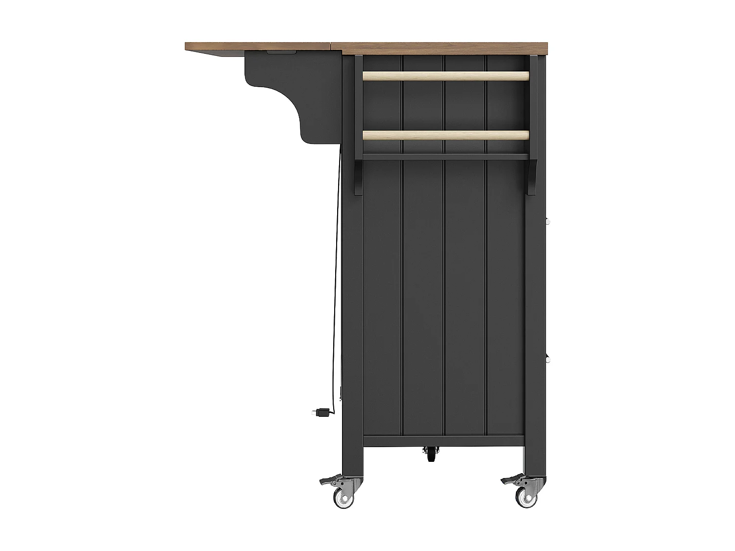 Ilot central de cuisine mobile - plateau extensible - avec LED - 2 tiroirs et 2 portes - avec porte-serviettes - MDF - noir + naturel