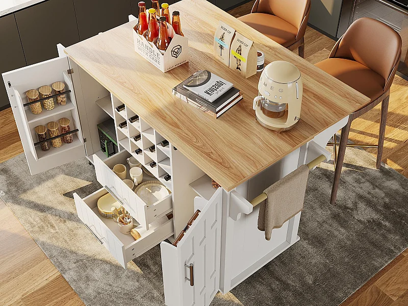 Ilot central de cuisine mobile - Plateau extensible - 2 tiroirs et 2 portes avec étagères - avec porte-serviettes - MDF - blanc + naturel