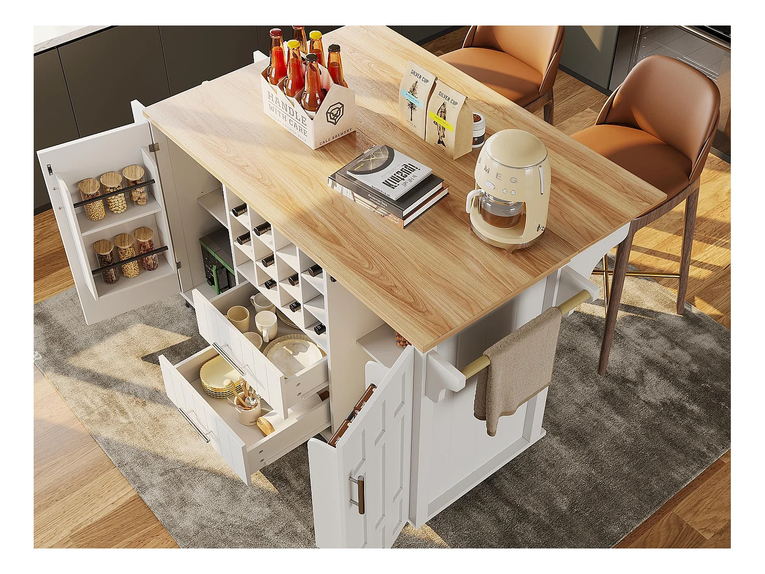 Ilot central de cuisine mobile - Plateau extensible - 2 tiroirs et 2 portes avec étagères - avec porte-serviettes - MDF - blanc + naturel