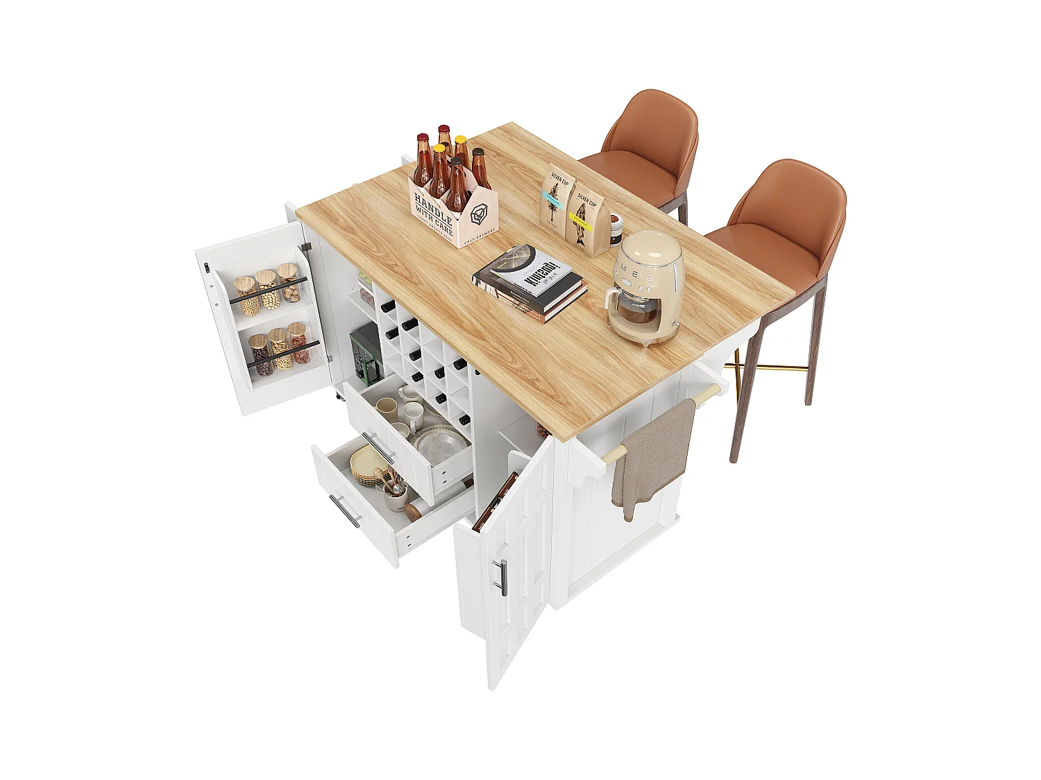 Ilot central de cuisine mobile - Plateau extensible - 2 tiroirs et 2 portes avec étagères - avec porte-serviettes - MDF - blanc + naturel