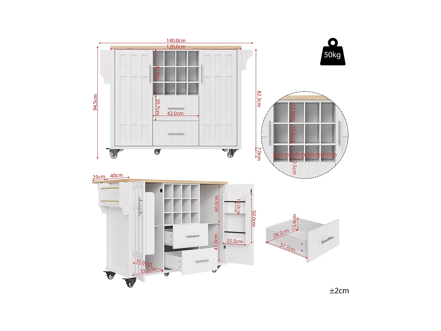 Ilot central de cuisine mobile - Plateau extensible - 2 tiroirs et 2 portes avec étagères - avec porte-serviettes - MDF - blanc + naturel