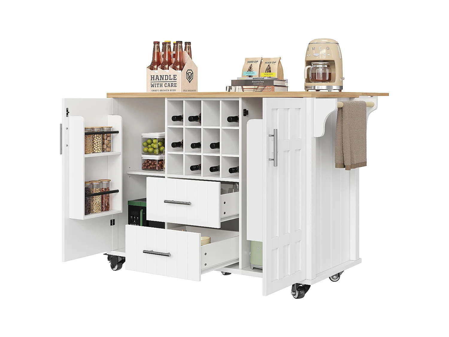 Ilot central de cuisine mobile - Plateau extensible - 2 tiroirs et 2 portes avec étagères - avec porte-serviettes - MDF - blanc + naturel