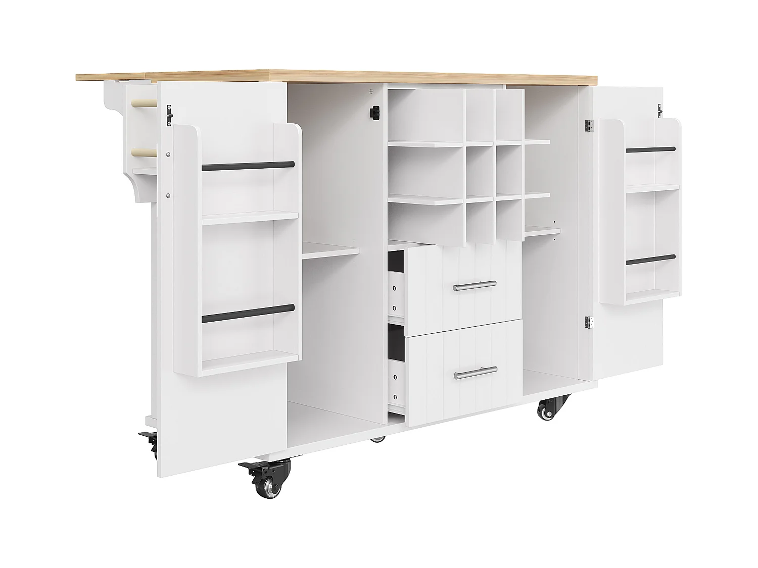 Ilot central de cuisine mobile - Plateau extensible - 2 tiroirs et 2 portes avec étagères - avec porte-serviettes - MDF - blanc + naturel