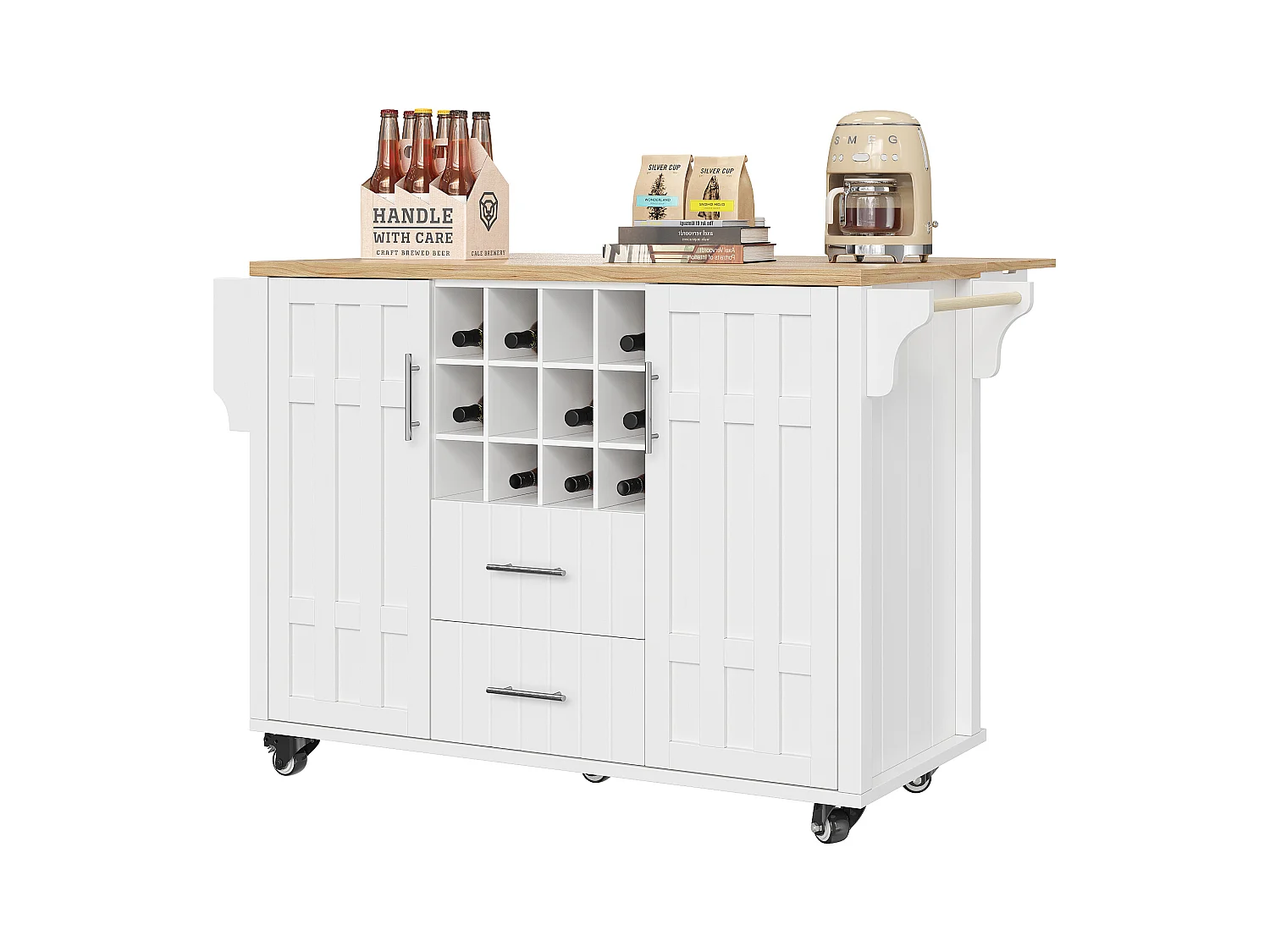 Ilot central de cuisine mobile - Plateau extensible - 2 tiroirs et 2 portes avec étagères - avec porte-serviettes - MDF - blanc + naturel
