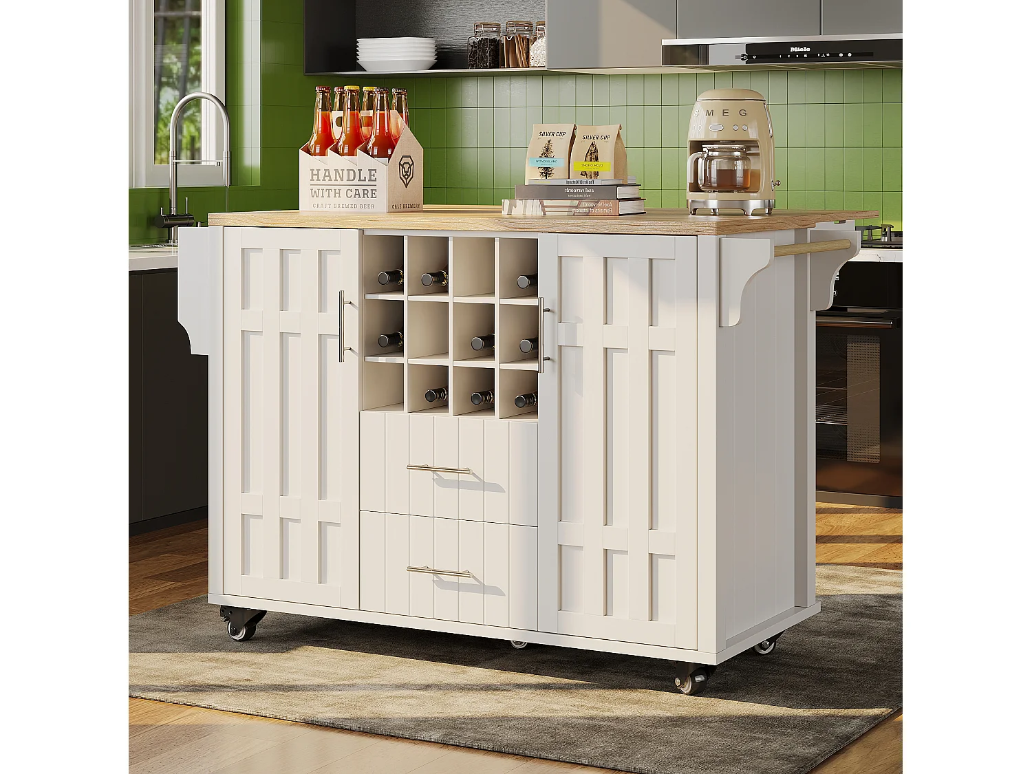 Isola cucina mobile - Piano estendibile - 2 cassetti e 2 ante con ripiani - con portasciugamani - MDF - bianco + naturale