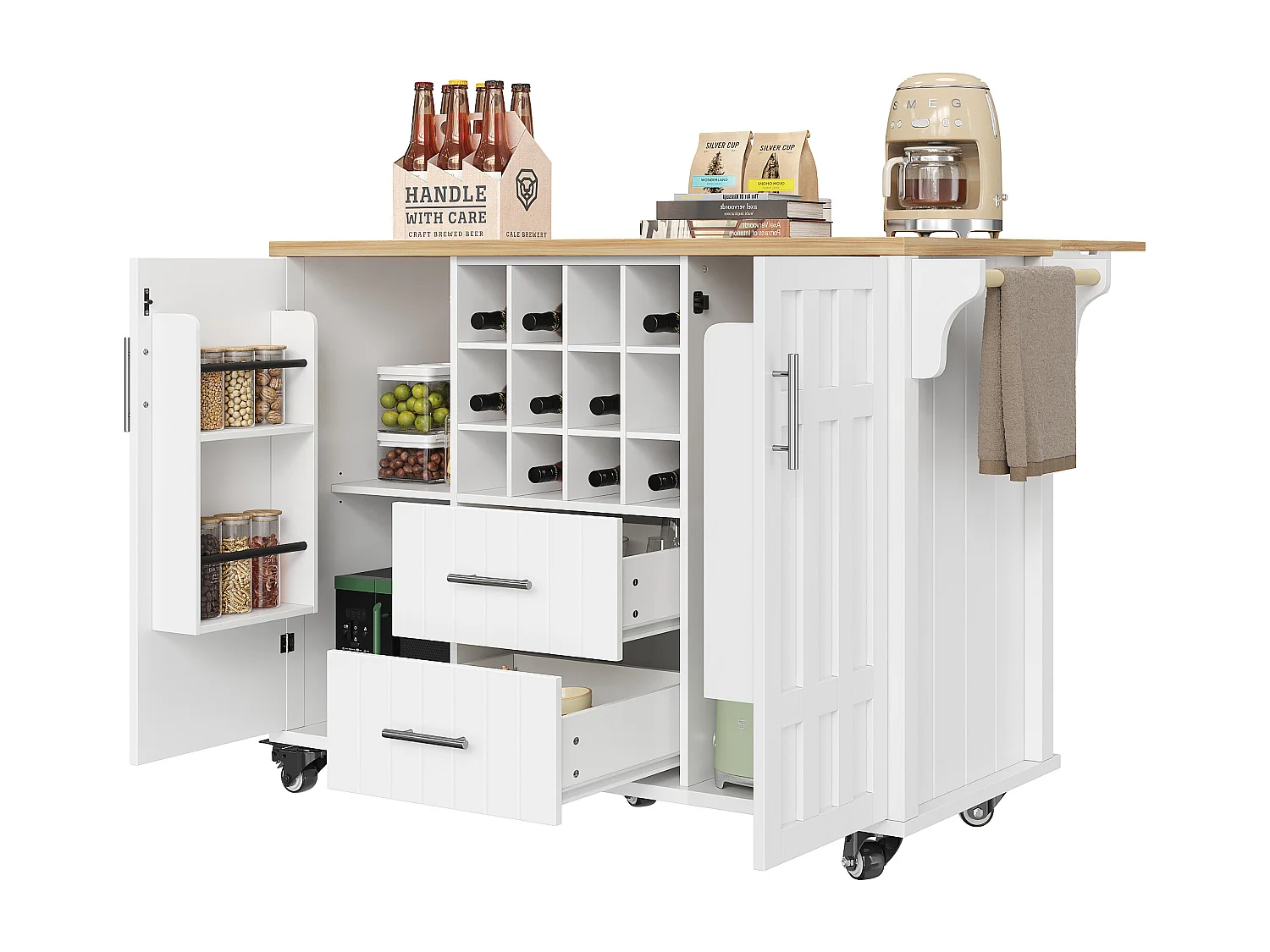 Isola cucina mobile - Piano estendibile - 2 cassetti e 2 ante con ripiani - con portasciugamani - MDF - bianco + naturale