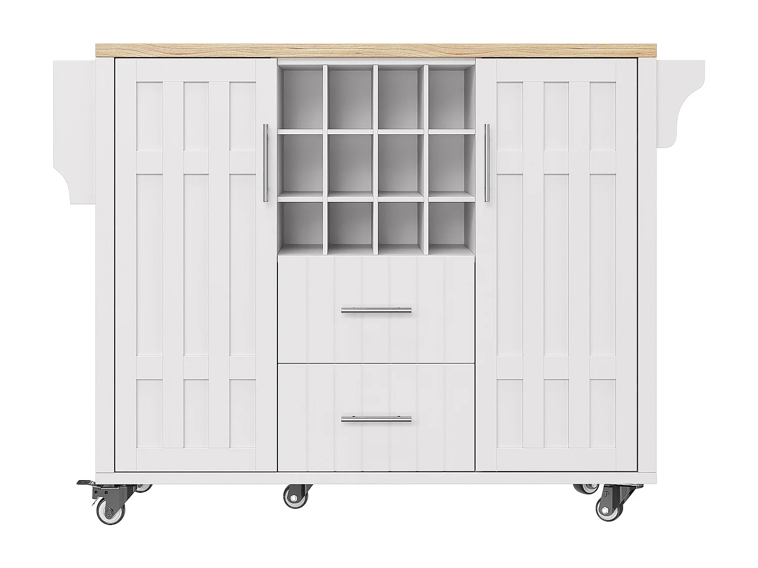 Isola cucina mobile - Piano estendibile - 2 cassetti e 2 ante con ripiani - con portasciugamani - MDF - bianco + naturale